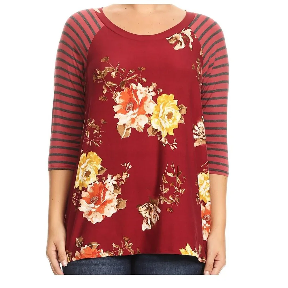 Women Plus Size Striped Sleeve Floral Printed Raglan Jersey Tunic Knit Top Tee
